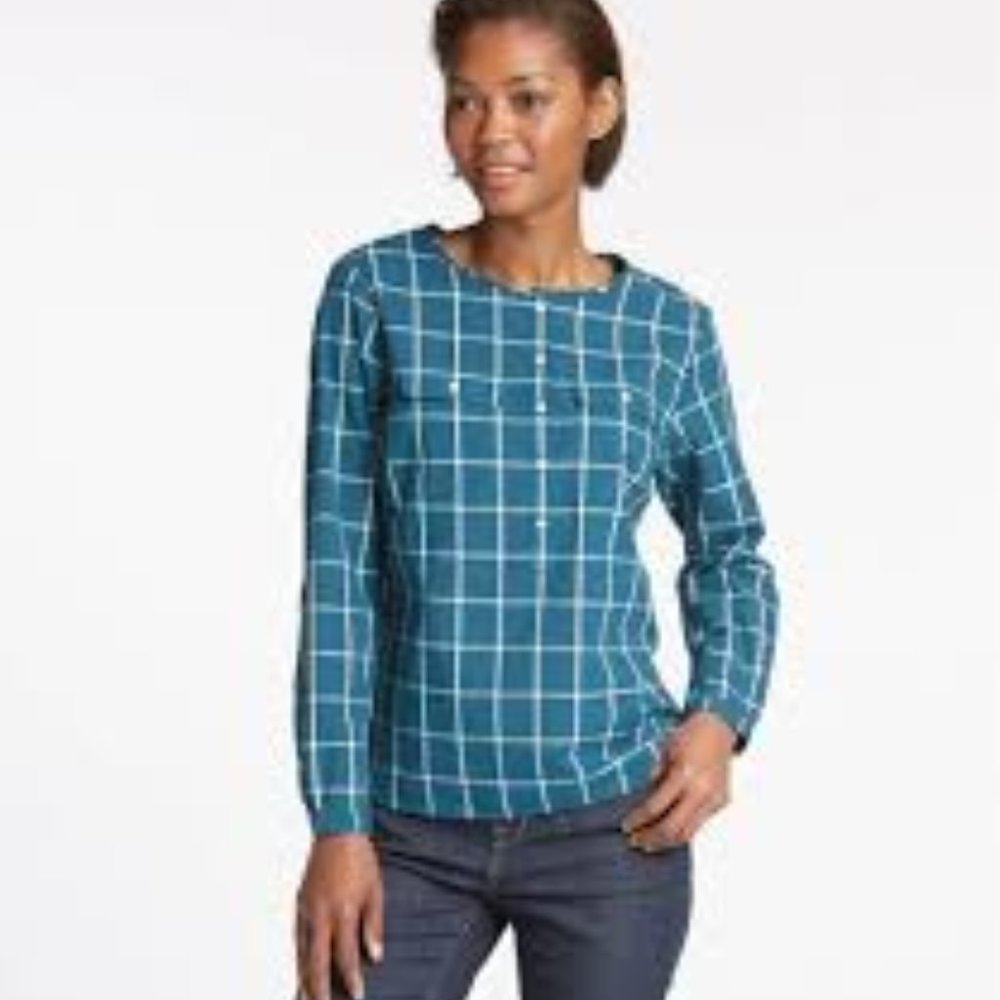 L.L. Bean Teal Collarless Windowpane 100% Cotton Popover Top Size L NWOT